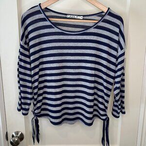 Chloe K - Navy and Grey Striped 3/4 Length Sleeve Top - Size Medium.
